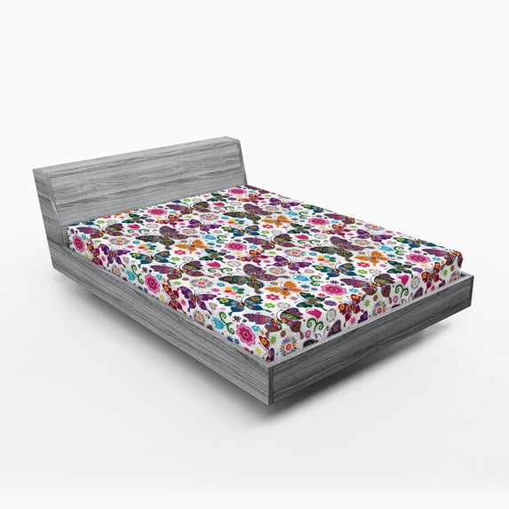 Ambesonne Butterfly Fitted Sheet 2 Pcs Set, Retro Style Ornaments, King, Multicolor