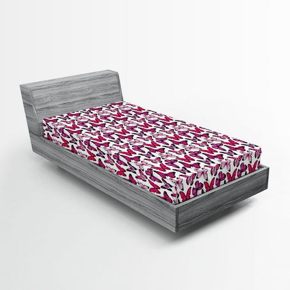Ambesonne Butterfly Fitted Sheet 2 Pcs Set, Vibrant Watercolor, Twin XL, Pink Magenta Black