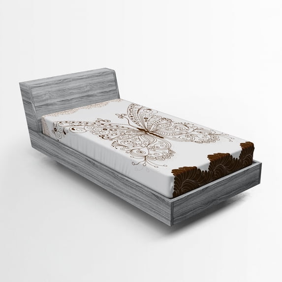 Ambesonne Butterfly Fitted Sheet, Abstract Retro Spring, Twin XL Size, White Brown and Grey