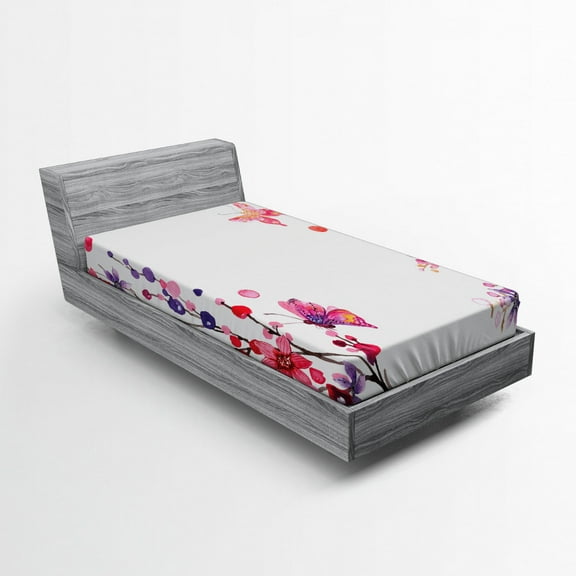 Ambesonne Butterfly Fitted Sheet, Aquarelle Floral Boho Art, Twin Size, Purple White Pink