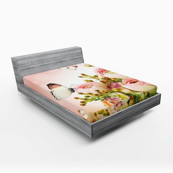 Ambesonne Butterfly Fitted Sheet, Blossoming Feminine Roses, Full Size, Multicolor