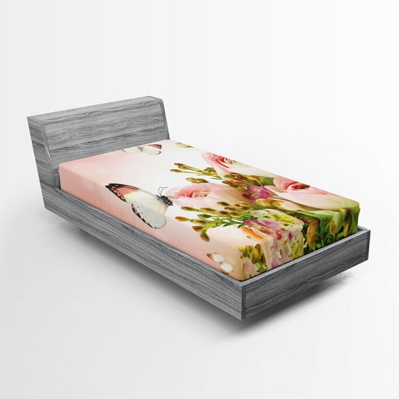 Ambesonne Butterfly Fitted Sheet, Blossoming Feminine Roses, Twin Size, Multicolor
