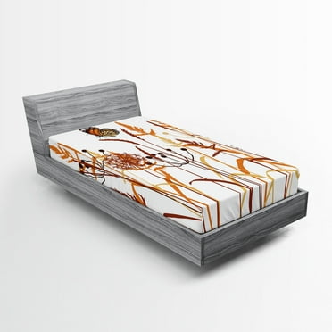 Ambesonne Butterfly Fitted Sheet, Composition with Leaves, Twin XL Size, Orange Burgundy White