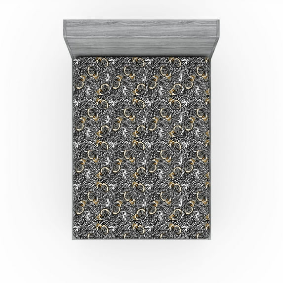 Ambesonne Butterfly Fitted Sheet, Forest Wings Animal Skin, Queen Size, Marigold Black and White