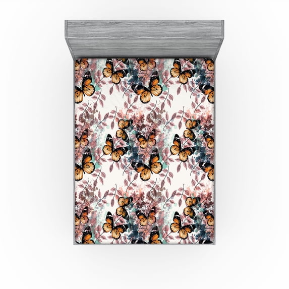 Ambesonne Butterfly Fitted Sheet, Monarch Wıngs Grunge Art, Full Size, Rose Marigold