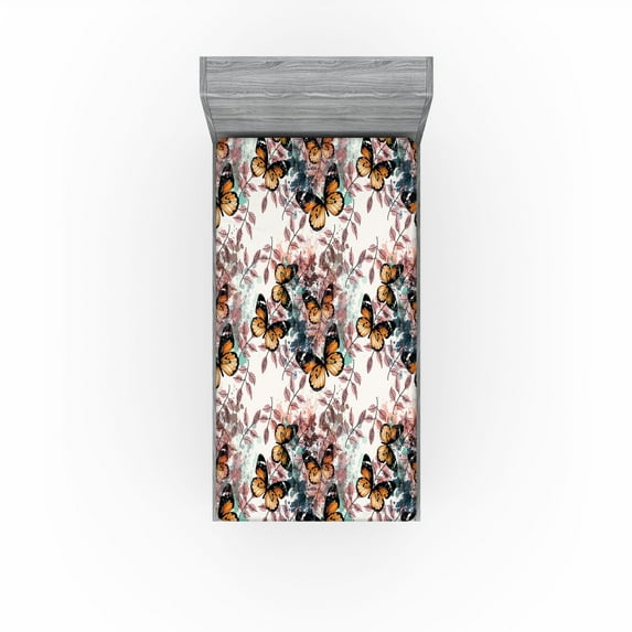 Ambesonne Butterfly Fitted Sheet, Monarch Wıngs Grunge Art, Twin XL Size, Rose Marigold