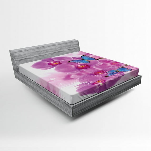 Ambesonne Butterfly Fitted Sheet, Orchid Bloom on Water, Queen Size, Pink Blue White