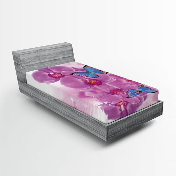 Ambesonne Butterfly Fitted Sheet, Orchid Bloom on Water, Twin XL Size, Pink Blue White