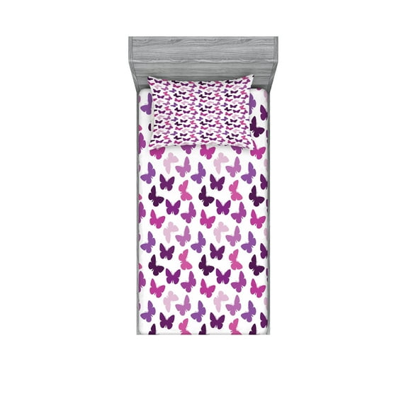 Ambesonne Butterfly Fitted Sheet & Pillow Sham Set, Butterfly Carved Wing, Twin, Purple Lilac Pink