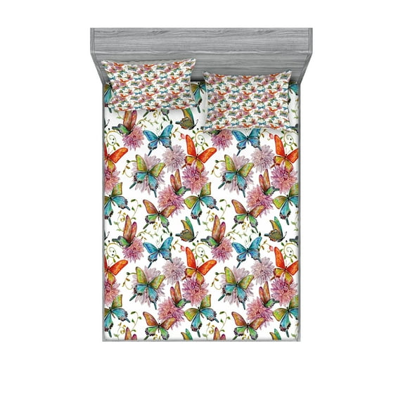 Ambesonne Butterfly Fitted Sheet & Pillow Sham Set, Carnations Vintage, Queen, Multicolor