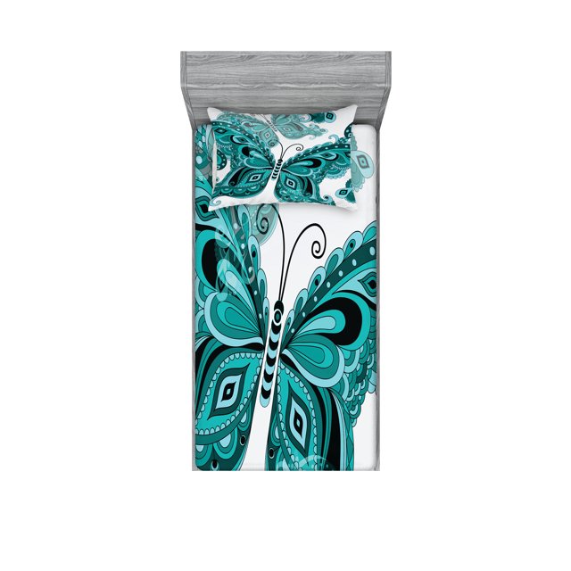 Ambesonne Butterfly Fitted Sheet & Pillow Sham Set, Ornamental Animal Pattern, Twinxl, Pale Blue Black Teal