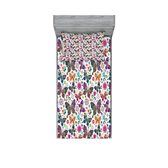 Ambesonne Butterfly Fitted Sheet & Pillow Sham Set, Retro Style Ornaments, Twinxl, Multicolor