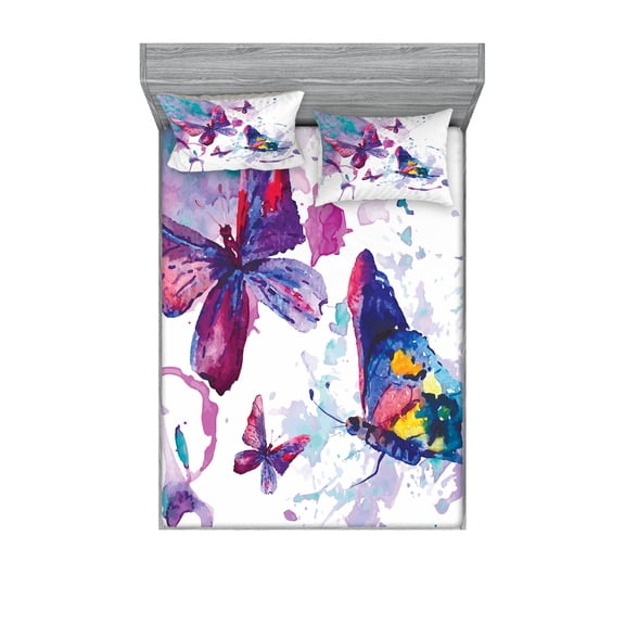 Ambesonne Butterfly Fitted Sheet & Pillow Sham Set, Watercolor Art Modern, King, Multicolor