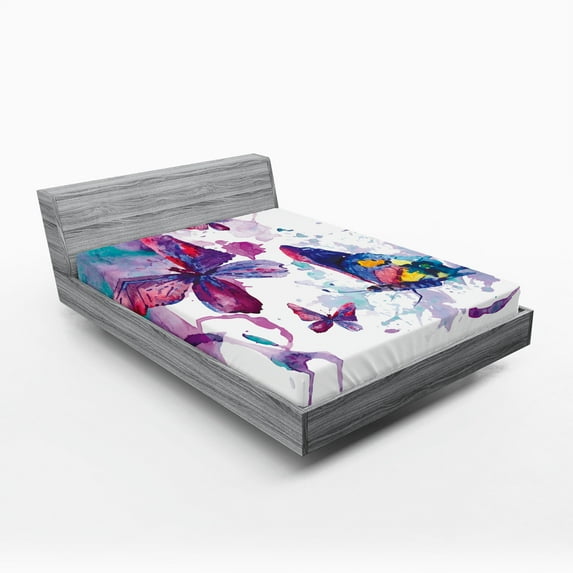 Ambesonne Butterfly Fitted Sheet, Watercolor Art Modern, Queen Size, Multicolor