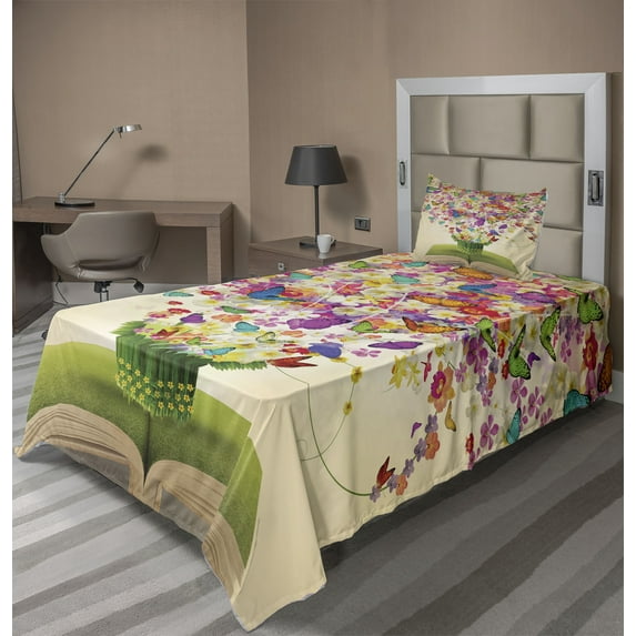 Ambesonne Butterfly Fitted & Top Sheet Set with Sham, Colorful Moths in Book, Apple Green Multicolor