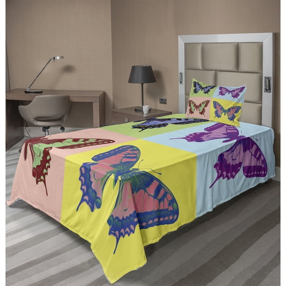 Ambesonne Butterfly Fitted & Top Sheet Set with Sham, Pop Art Swallowtail, Multicolor