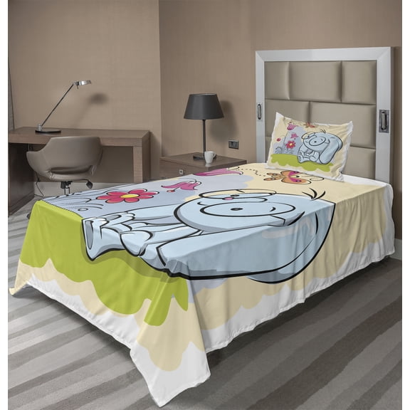 Ambesonne Butterfly Fitted & Top Sheet Set with Sham, Rabbit Nature Tulips, Multicolor