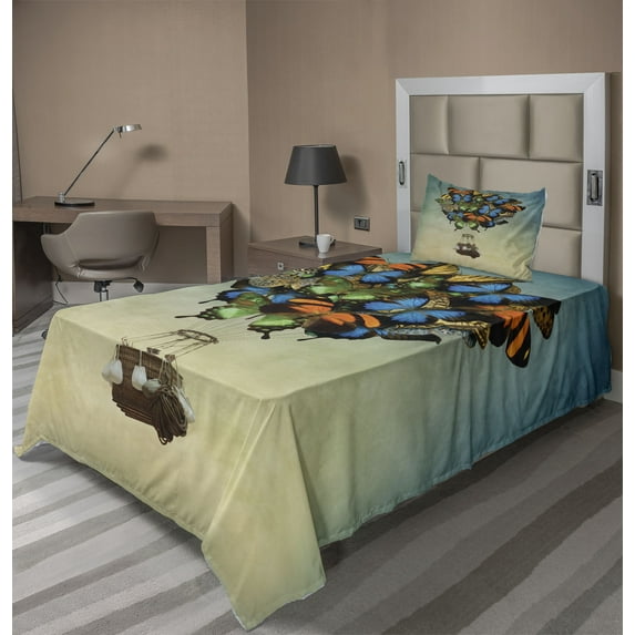 Ambesonne Butterfly Fitted & Top Sheet Set with Sham, Spring Season Animals, Multicolor
