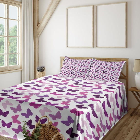 Ambesonne Butterfly Fitted & Top Sheet Set with Shams, Butterfly Dancing Spring, Purple Lilac Pink