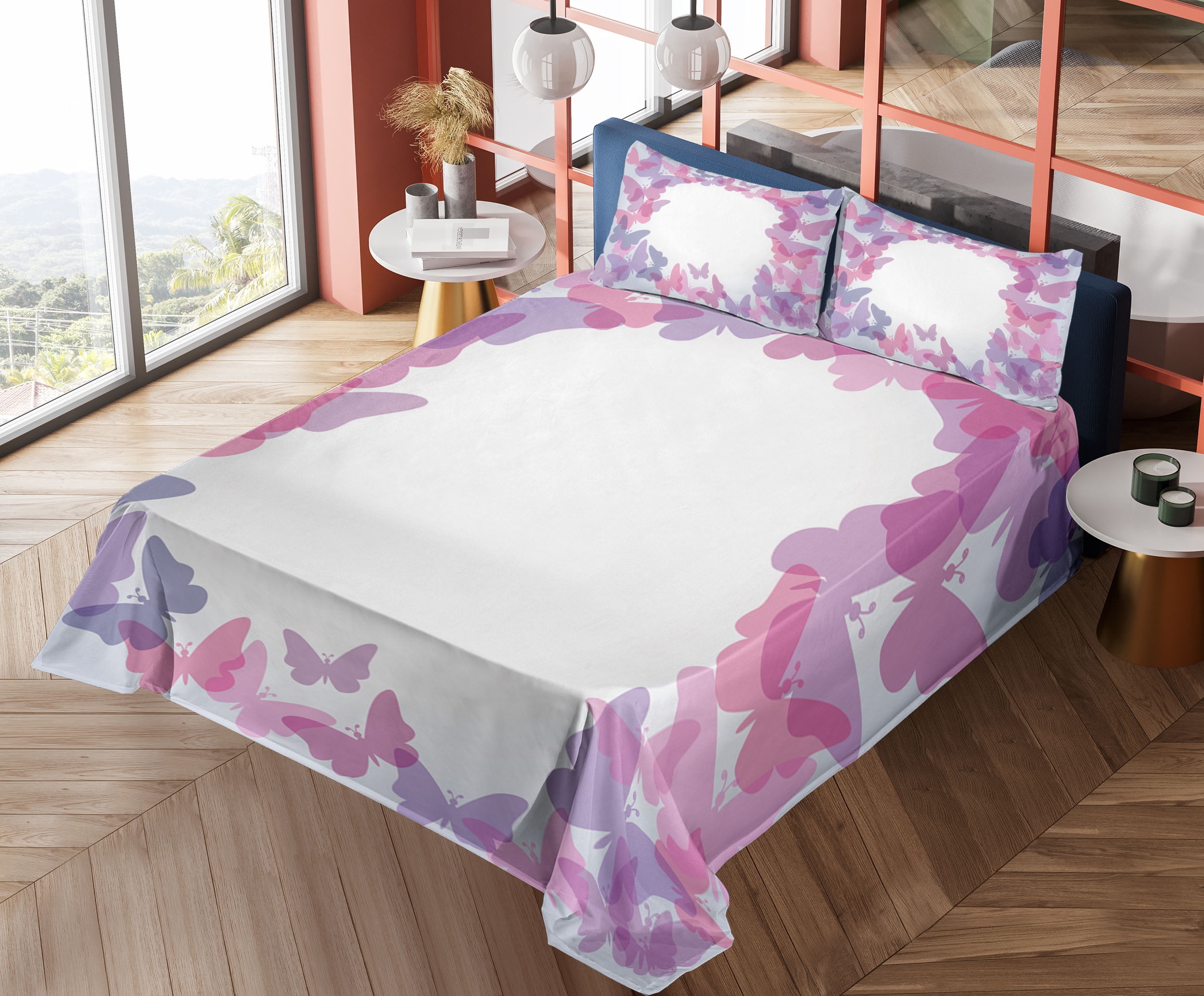 Ambesonne Butterfly Fitted & Top Sheet Set with Shams, Fantasy Vibrant