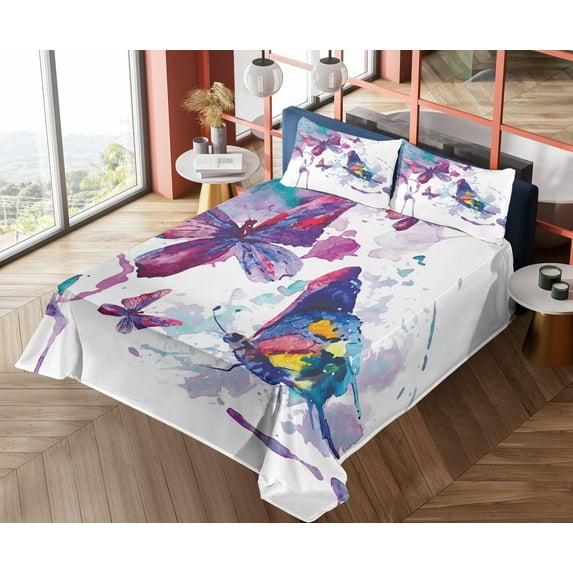Ambesonne Butterfly Fitted & Top Sheet Set with Shams, Watercolor Art Modern, Multicolor
