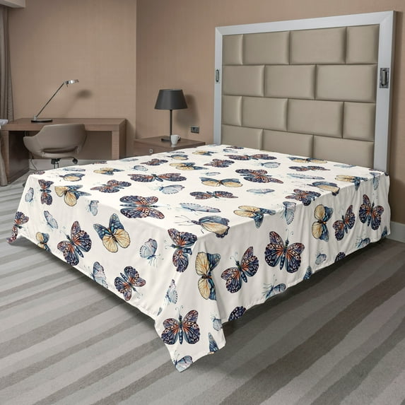 Ambesonne Butterfly Flat Bedding Sheet Soft Top Sheet, Cottagecore Wings Print, Queen, Champagne Pale Camel