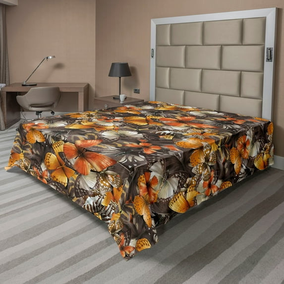 Ambesonne Butterfly Flat Bedding Sheet Soft Top Sheet, Jumble Wings Romantic Art, California King, Dark Sepia Apricot