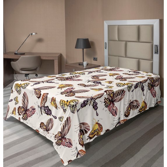 Ambesonne Butterfly Flat Bedding Sheet Soft Top Sheet, Wild Aquarelle Wings Art, Twin, Champagne Dried Rose