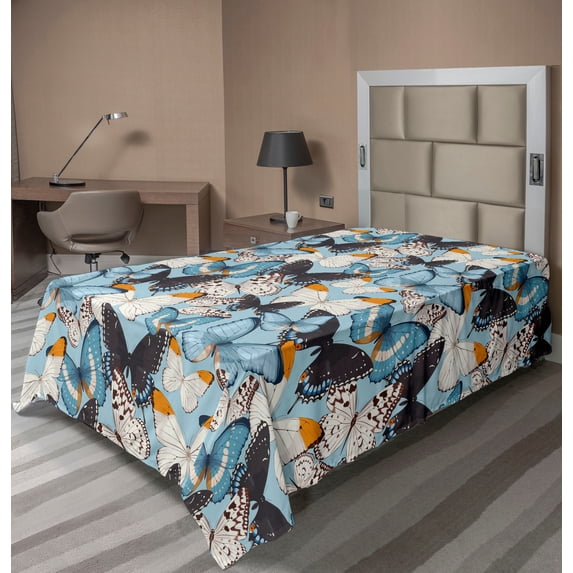 Ambesonne Butterfly Flat Bedding Sheet Soft Top Sheet, Wingy Romance Artwork, Twin, Pale Blue Marigold and Ivory
