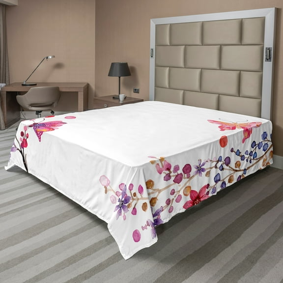 Ambesonne Butterfly Flat Sheet, Aquarelle Floral Boho Art, Full Size, Purple White Pink