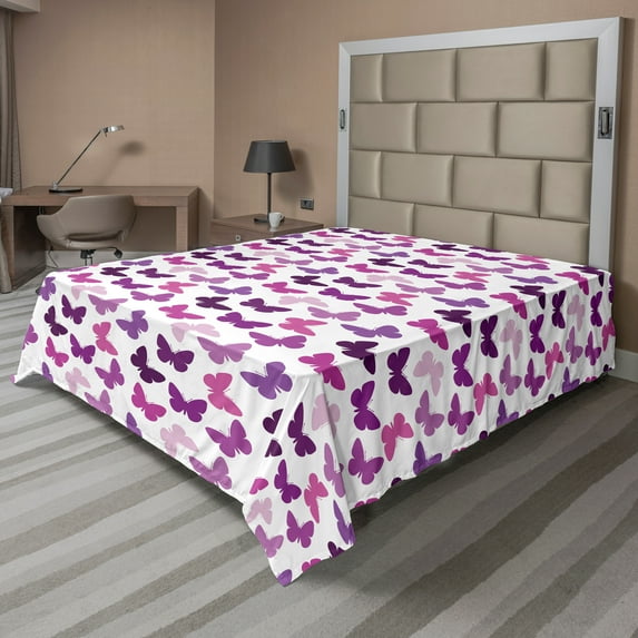 Ambesonne Butterfly Flat Sheet, Butterfly Dancing Spring, Full Size, Purple Lilac Pink