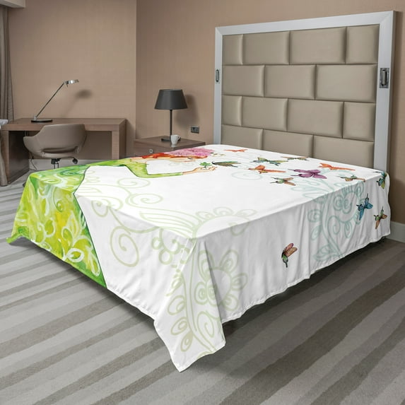 Ambesonne Butterfly Flat Sheet, Cartoon Lady Pastel, Queen Size, Pink Orange Green