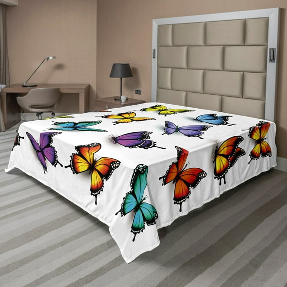 Ambesonne Butterfly Flat Sheet, Colorful Wings Spring, Full Size, Multicolor