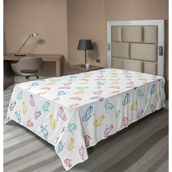 Ambesonne Butterfly Flat Sheet, Doodle Style Colorful, TwinXL Size, Multicolor