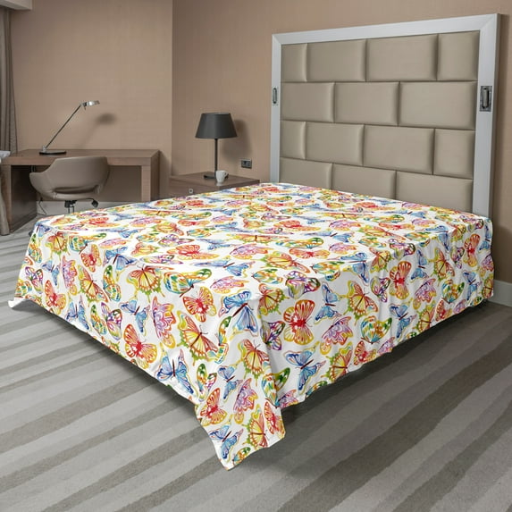 Ambesonne Butterfly Flat Sheet, Psychedelic Sixties, Queen Size, Multicolor