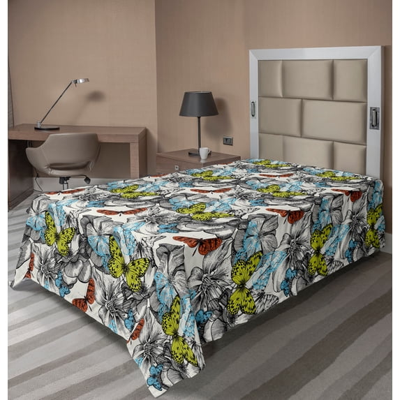 Ambesonne Butterfly Flat Sheet, Vintage Moth Insect Art, Twin Size, Ivory and Multicolor