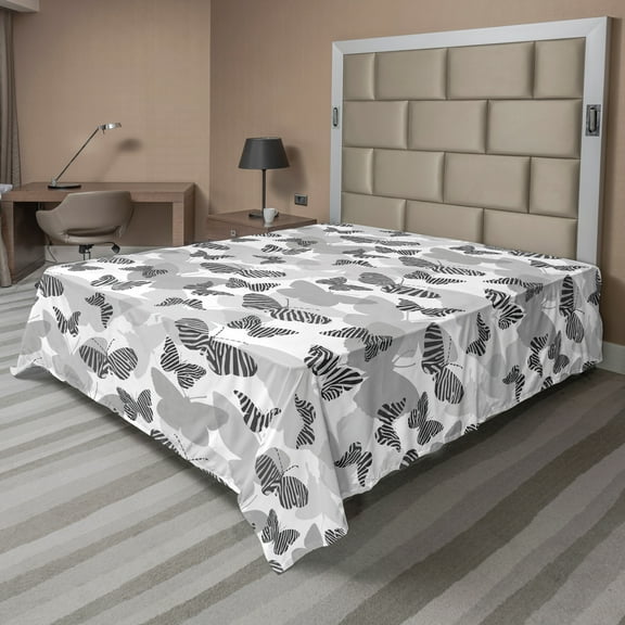 Ambesonne Butterfly Flat Sheet, Zebra Stripes Motif Art, Queen Size, White and Grey
