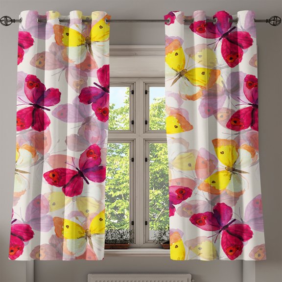 Ambesonne Butterfly Grommet Curtain, Chill Wings of Spring, 50"x60", Magenta Mustard Off White