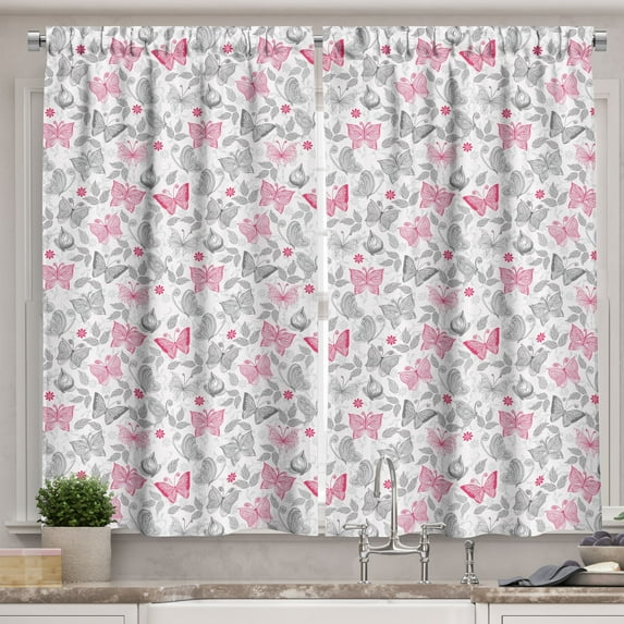 Ambesonne Butterfly Kitchen Curtains, Abstract Nature Depiction, 55"x45", Grey Pink White