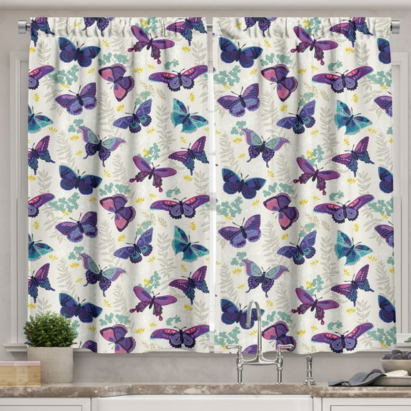 Ambesonne Butterfly Kitchen Curtains, Colorful Ornate Garden, 55"x36", Eggshell and Multicolor