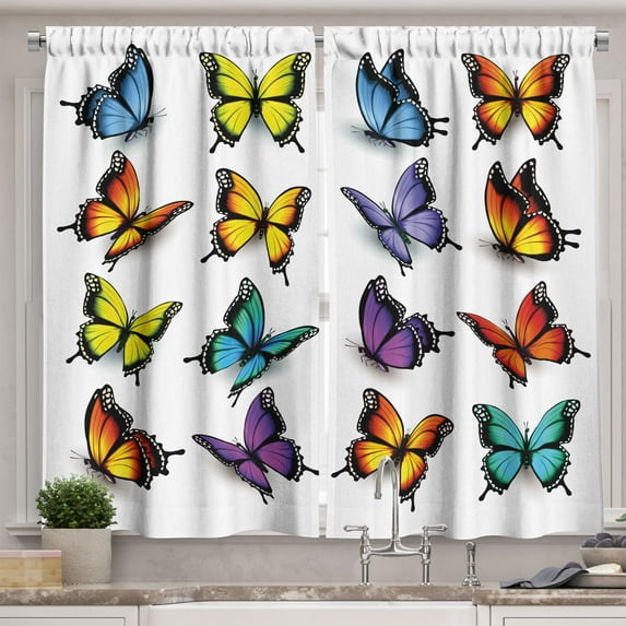 Ambesonne Butterfly Kitchen Curtains, Colorful Wings Spring, 55"x39", Multicolor