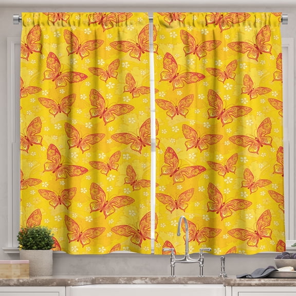 Ambesonne Butterfly Kitchen Curtains, Floral Winged Animals, 55"x24", Earth Yellow Burnt Orange