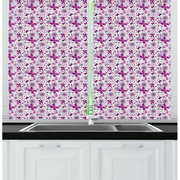 Ambesonne Butterfly Kitchen Curtains, Purple Color Fauna, 55"x45", Purple White