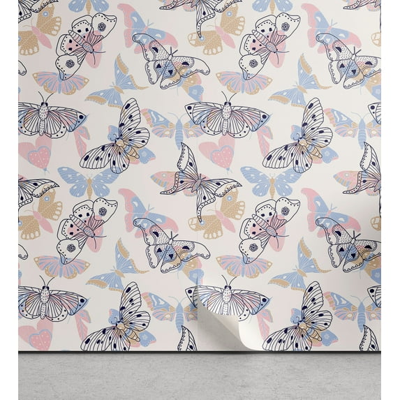 Ambesonne Butterfly Peel & Stick Wallpaper for Home, Butterflies and Moths Art, 13"x72", Soft Blue Beige and Pale Rose