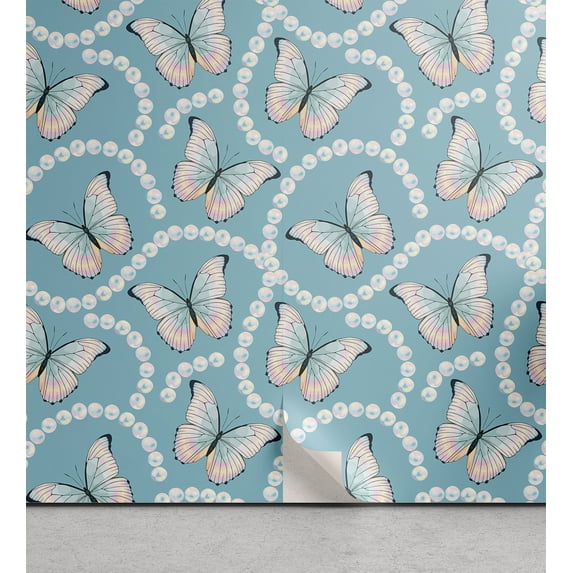 Ambesonne Butterfly Peel & Stick Wallpaper for Home, Butterflies and Pearls, 13"x100", Soft Blue Pearl and Blush