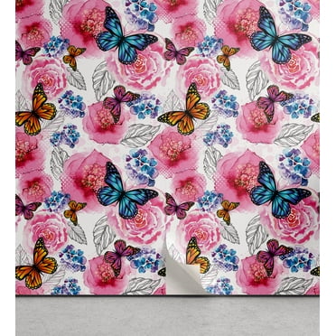 Ambesonne Butterfly Peel & Stick Wallpaper for Home, Colorful Watercolor Roses, 13"x72", Pink and Multicolor