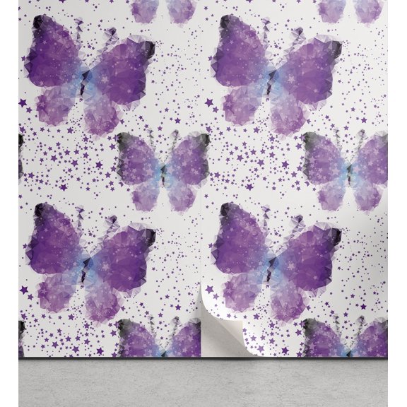 Ambesonne Butterfly Peel & Stick Wallpaper for Home, Modern Poly Effect, 13"x72", Purple Pale Blue White