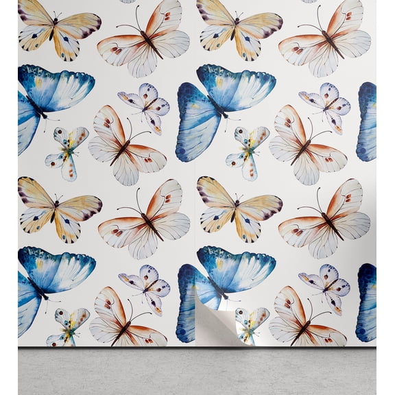 Ambesonne Butterfly Peel & Stick Wallpaper for Home, Spring Wings Romance Art, 13"x72", White Pale Camel Sky Blue