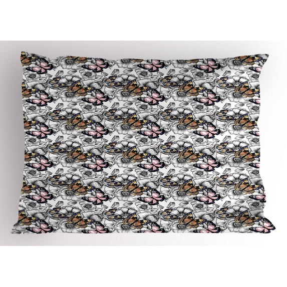 Ambesonne Butterfly Pillow Sham, Summer Season Animal, 26" X 20", Pale Pink Orange Black