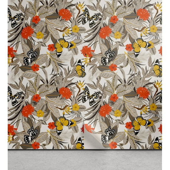 Ambesonne Butterfly Print Peel & Stick Wallpaper for Home, Pale Sepia Leaves, 13"x36", Burnt Orange and Yellow